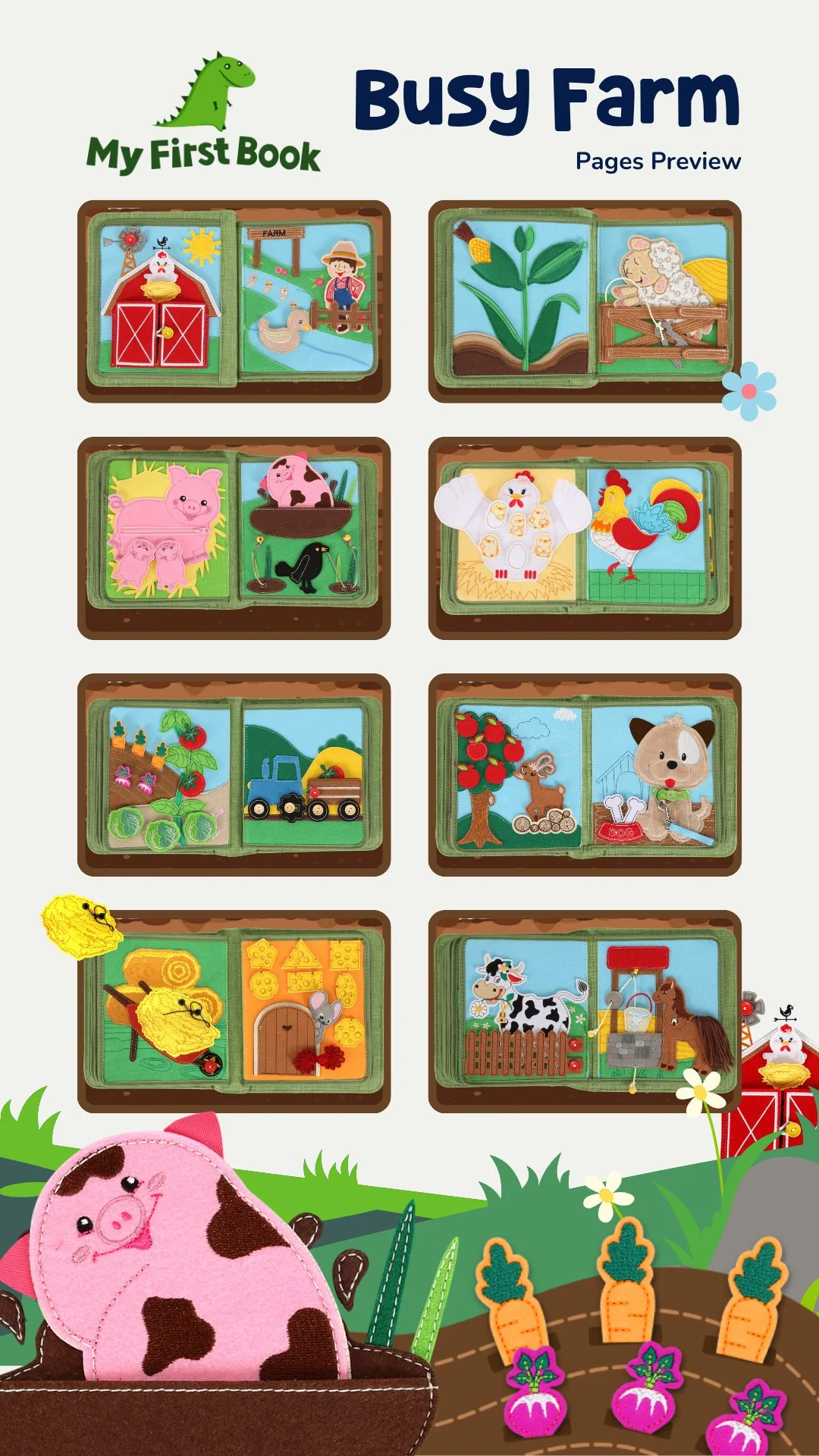 Quiet Book La Fattoria libro in stoffa Montessori 16 pagine