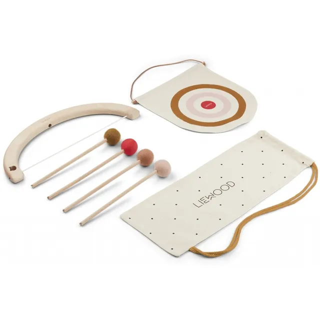 Liewood arco giocattolo legno rosa con 4 frecce e borsa