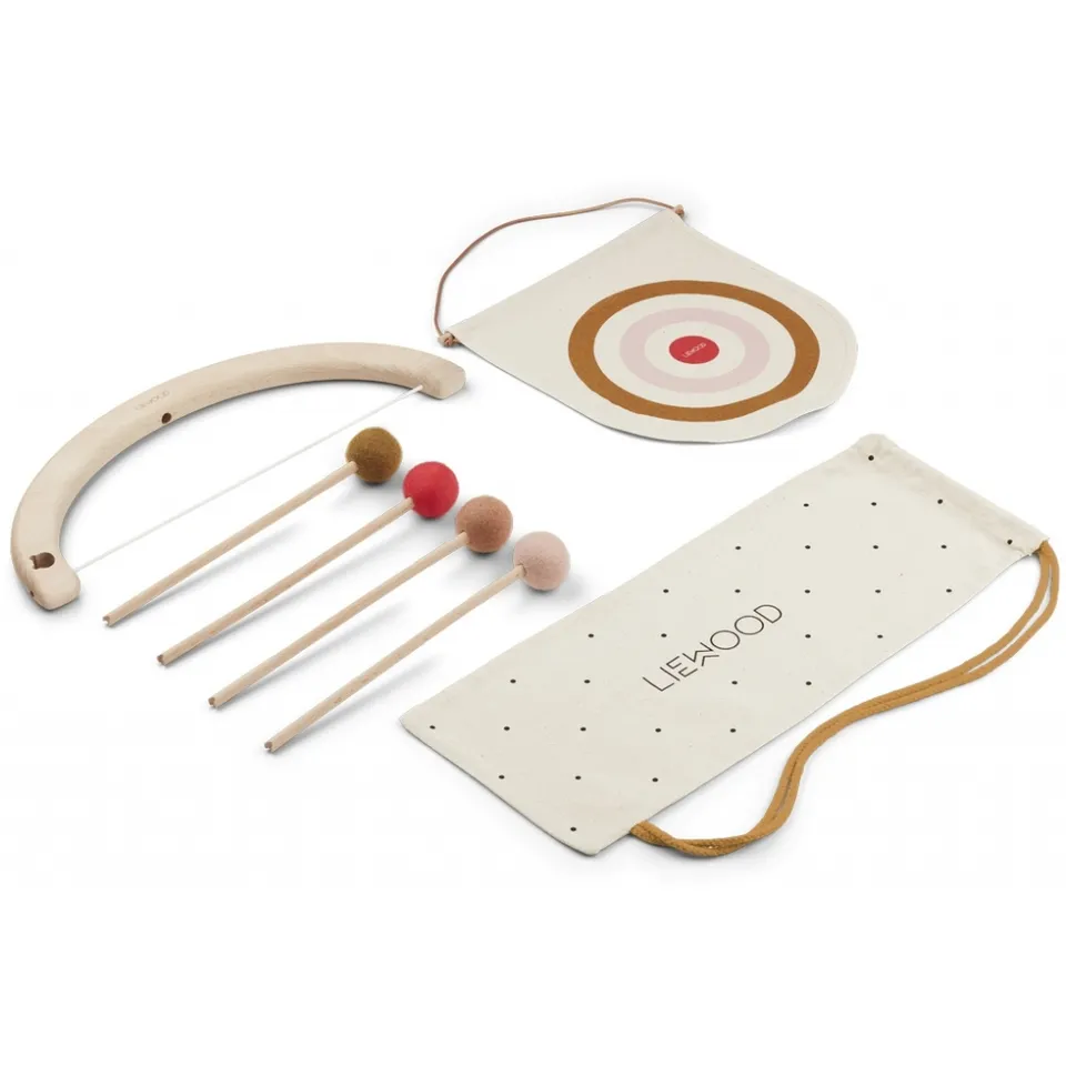 Liewood arco giocattolo legno rosa con 4 frecce e borsa