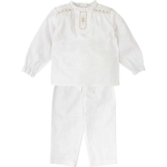 Babidu Set Neonata Camicia Ricamata Pantalone Bianco