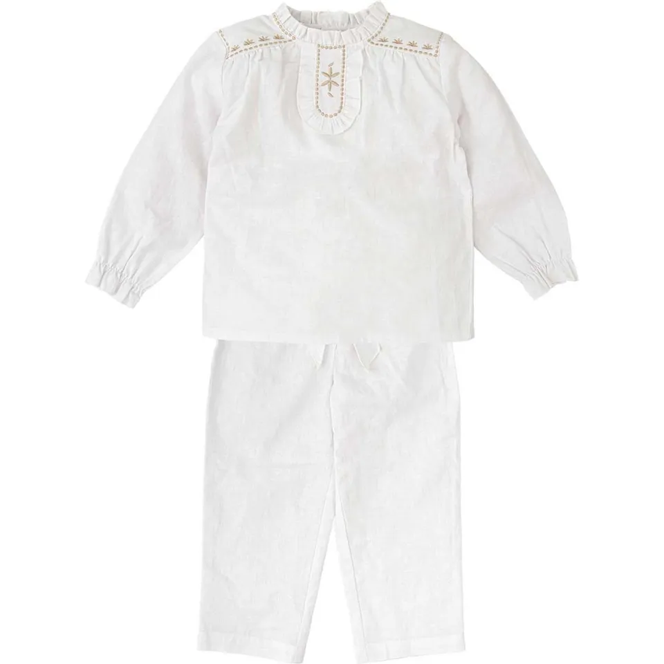 Babidu Set Neonata Camicia Ricamata Pantalone Bianco
