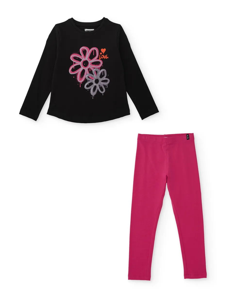 Tuc Tuc completo bimba maglia nera leggings fucsia floreale