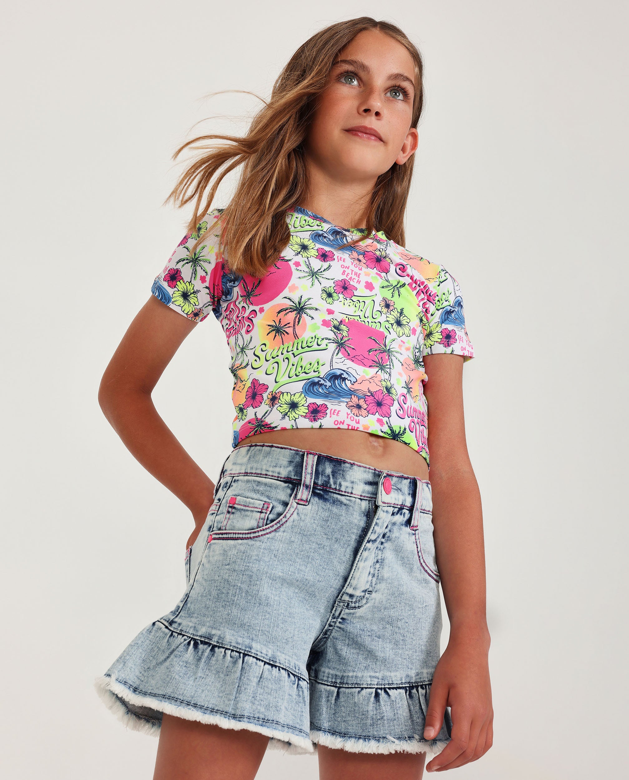 Tuc Tuc shorts denim bambina azzurri con volant