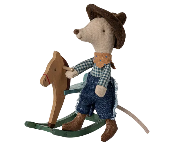 Maileg topo cowboy su cavallo a dondolo 11 cm legno