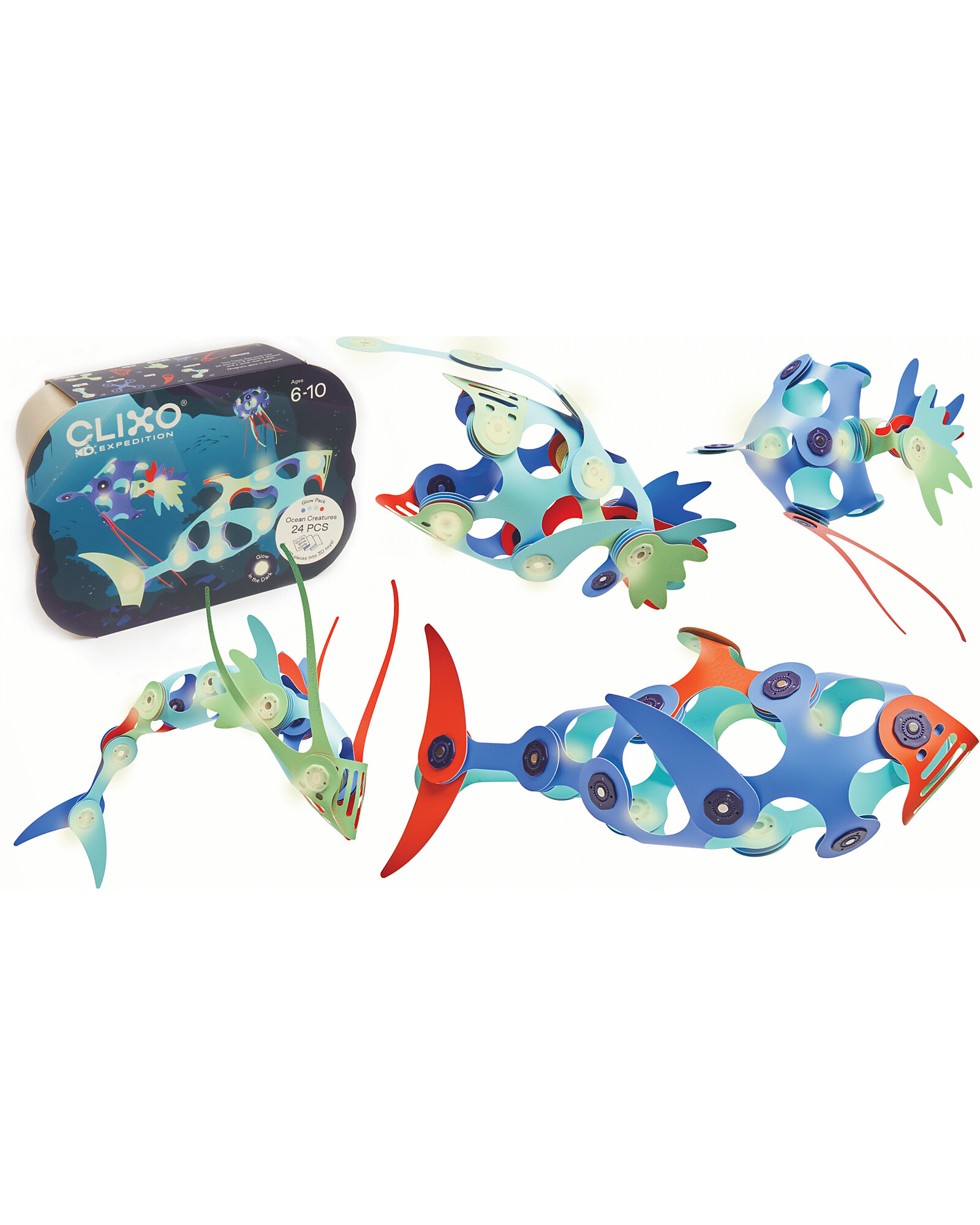 Clixo Ocean Creatures Gioco Magnetico 24 Pezzi Glow in the Dark