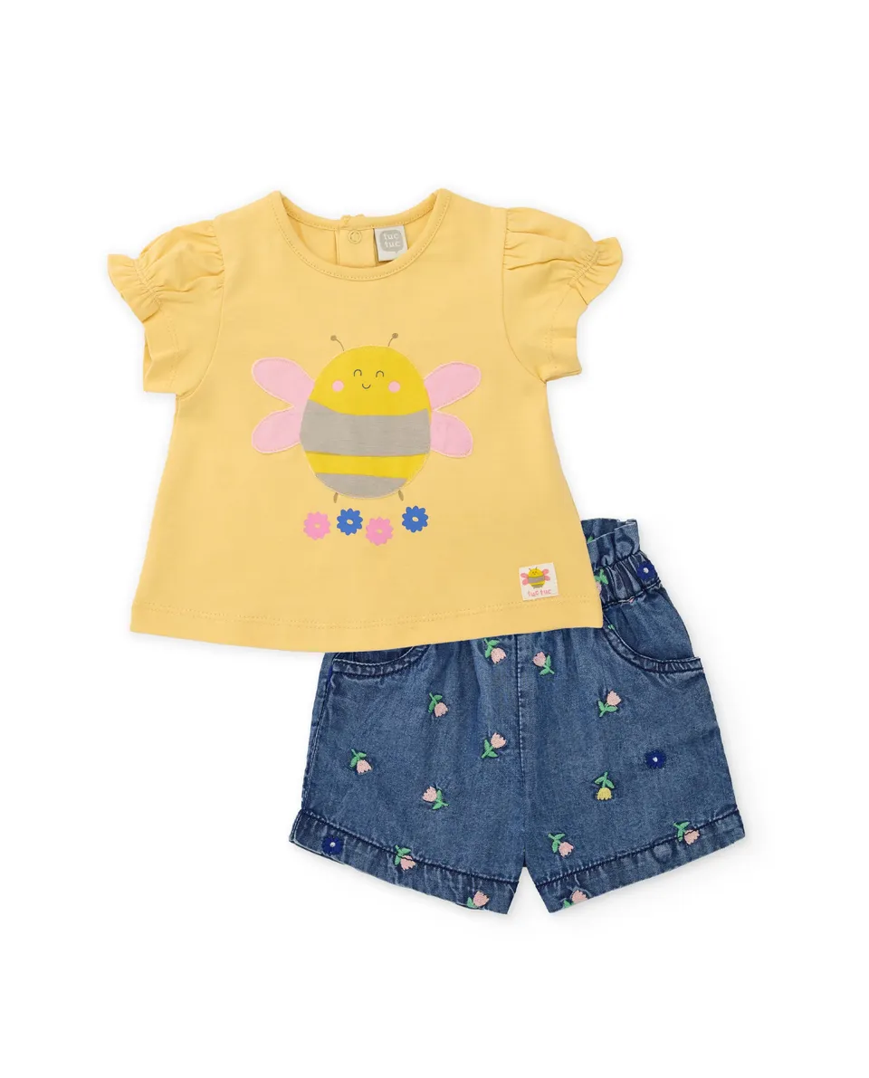 Tuc Tuc completo neonata giallo ape shorts ricamo fiori