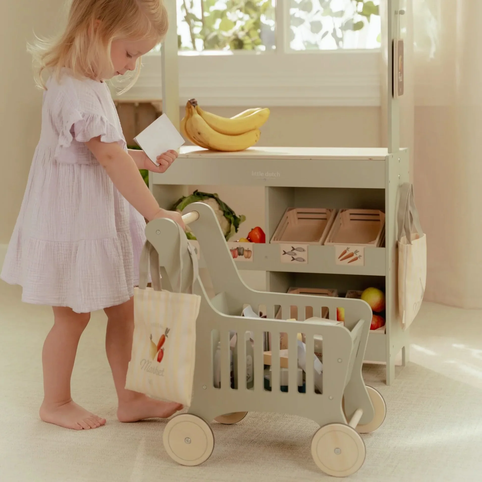 Little Dutch carrello spesa giocattolo legno con accessori