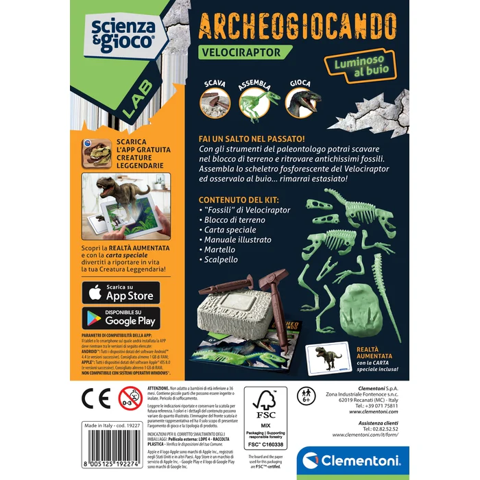 Clementoni Archeogiocando Velociraptor kit scavo scheletro fosforescente