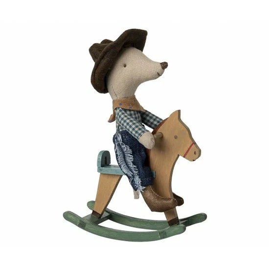 Maileg topo cowboy su cavallo a dondolo 11 cm legno