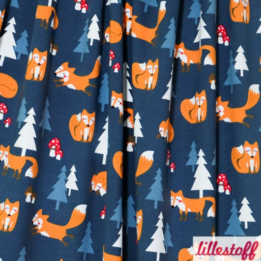 Lillestoff Jumpy Foxes tessuto jersey volpi blu 150 cm