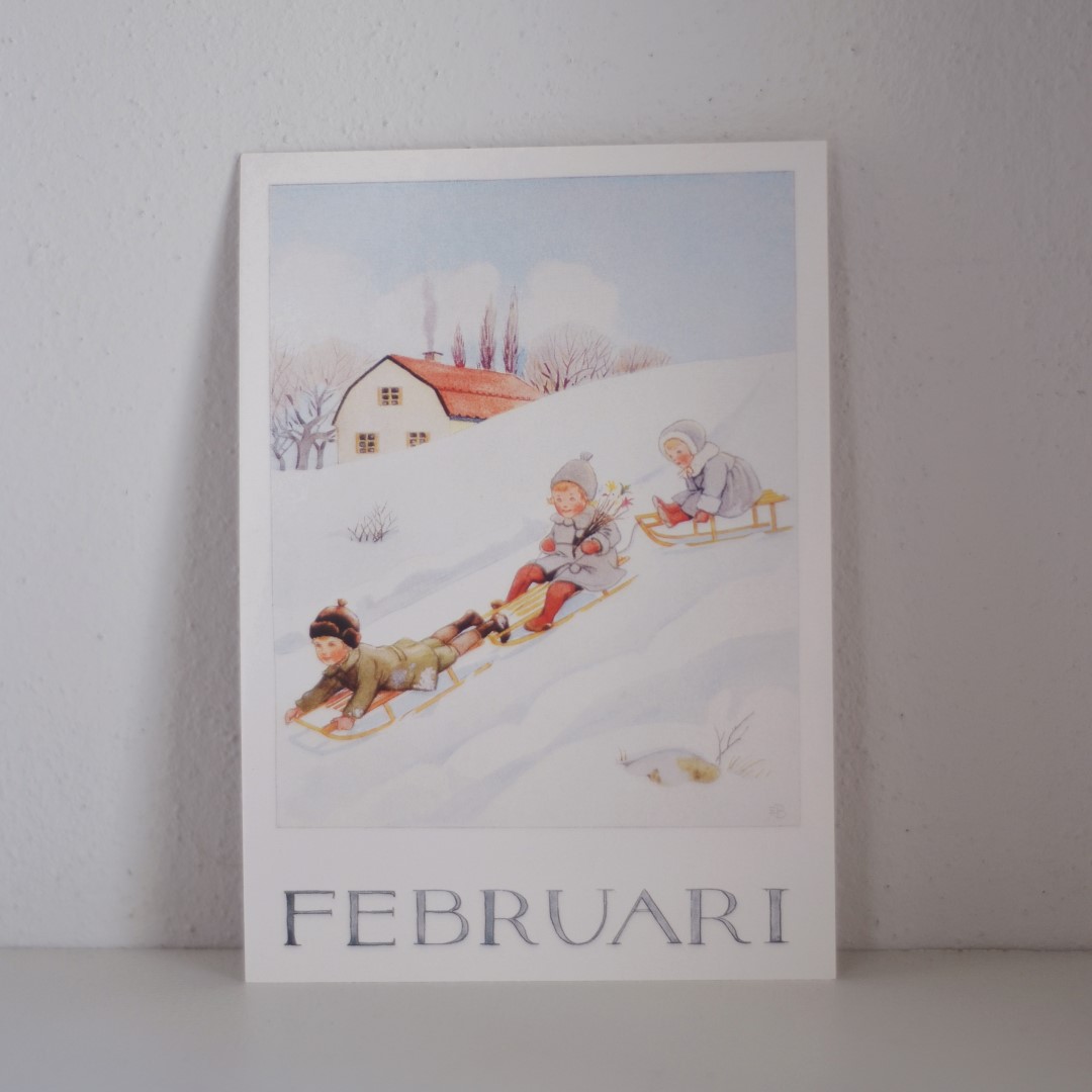 Elsa Beskow Febbraio cartolina acquerello 10,5x15 cm