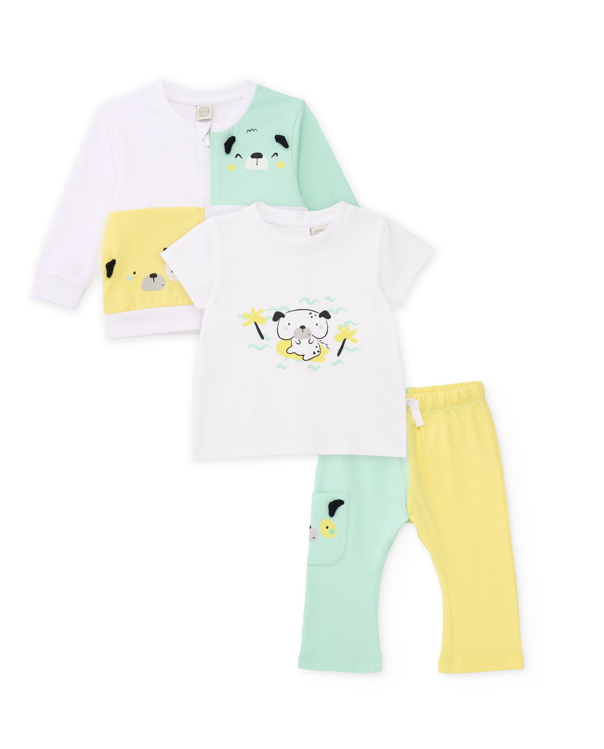 Tuc Tuc completo neonato bimbo bianco 3 pezzi cagnolini