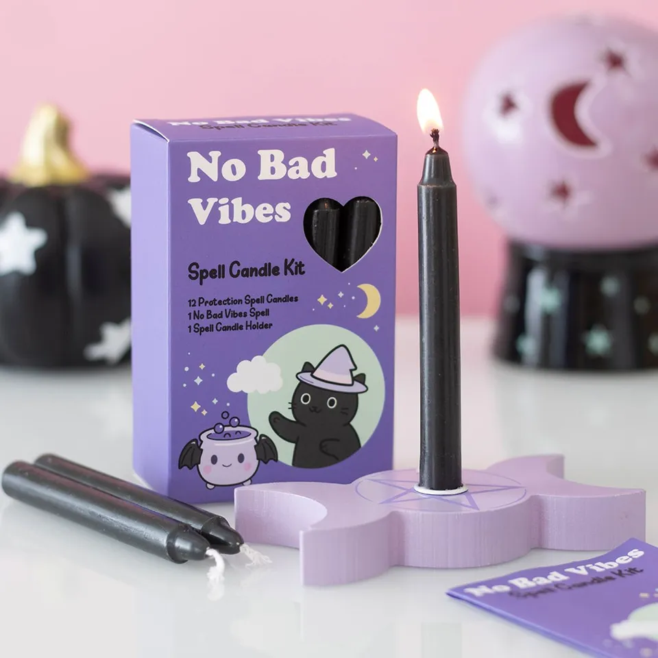 Kit 12 Candele Nere Halloween + portacandela legno