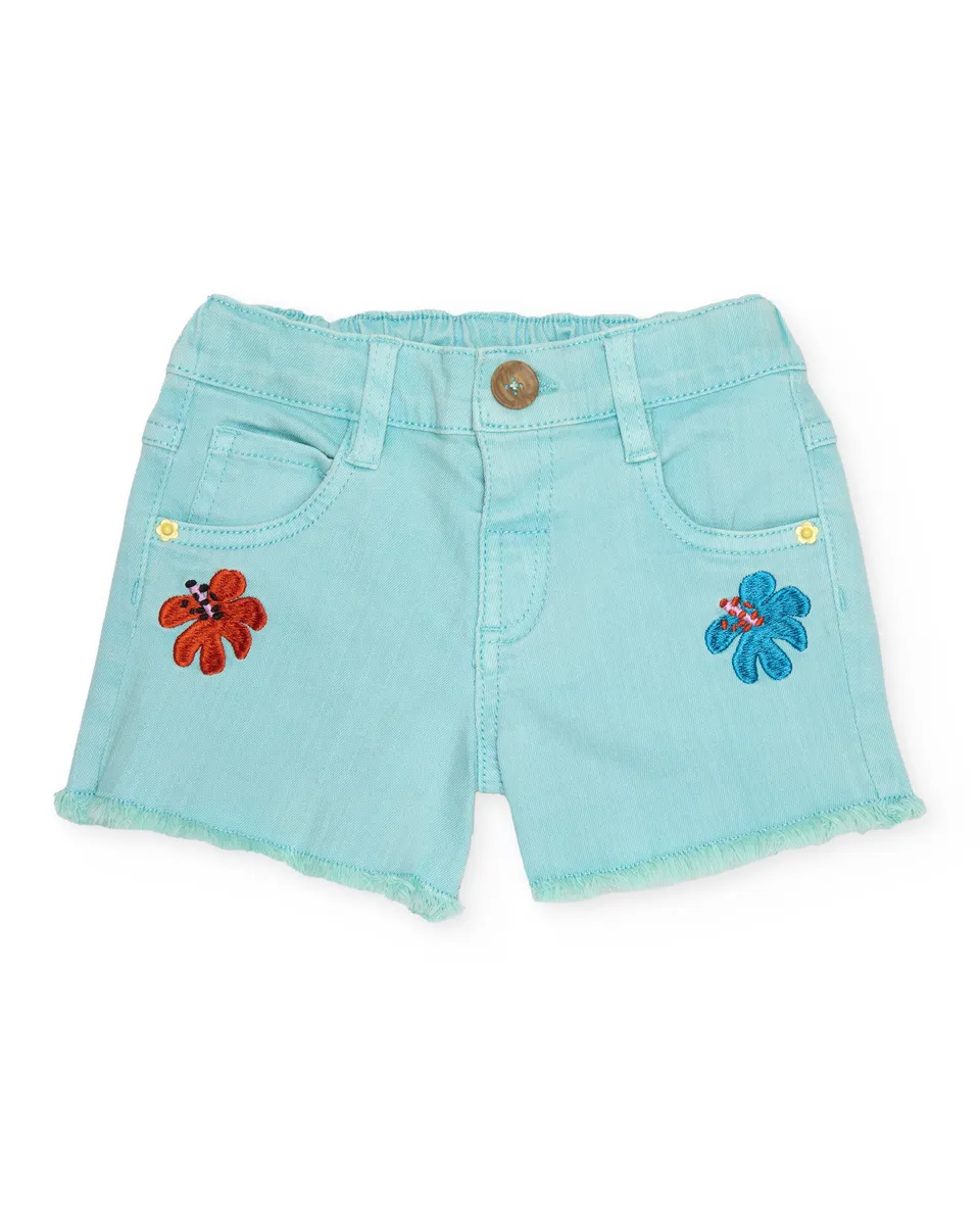 Tuc Tuc shorts denim turchese ricamo floreale