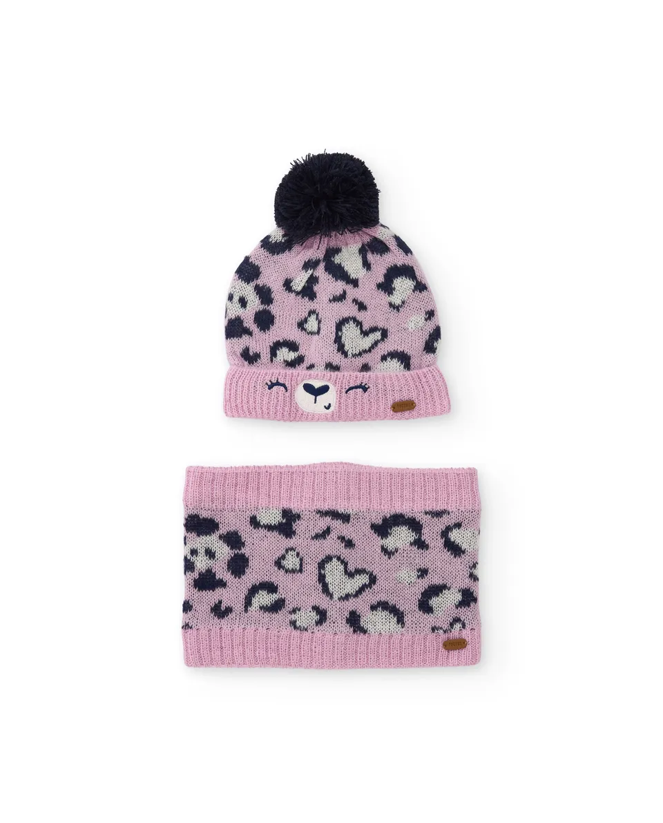 Tuc Tuc Set Cappello e Scaldacollo Rosa Animalier Maglia