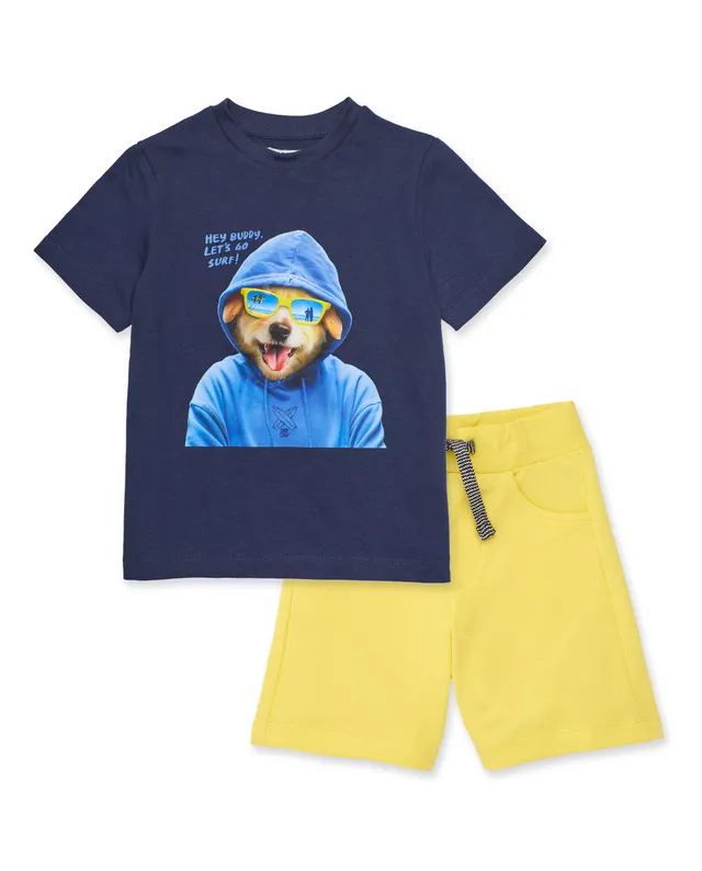 Tuc tuc completo bambino blu giallo stampa cane 2 pezzi