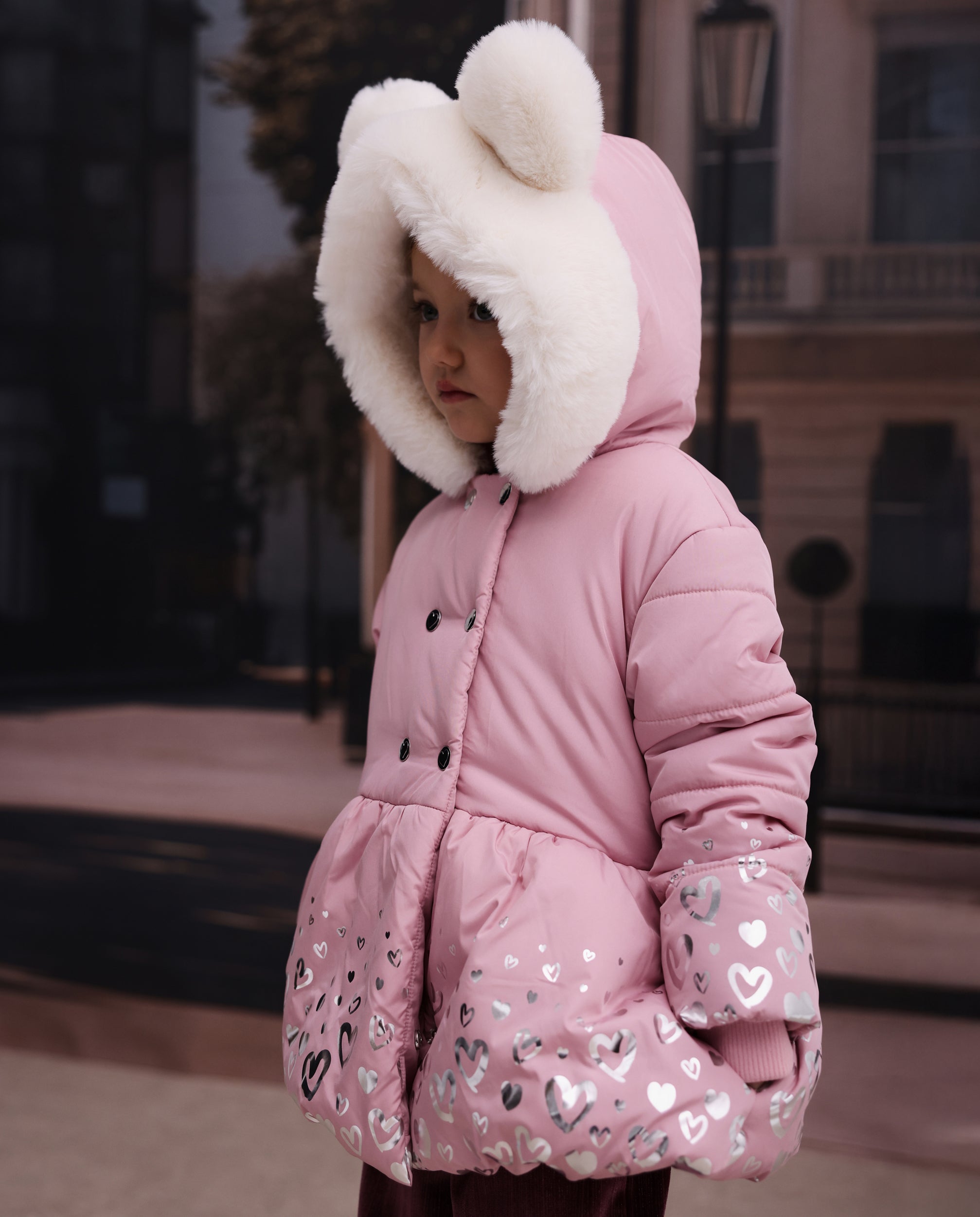 Tuc Tuc piumino bambina rosa cappuccio pelliccia cuori