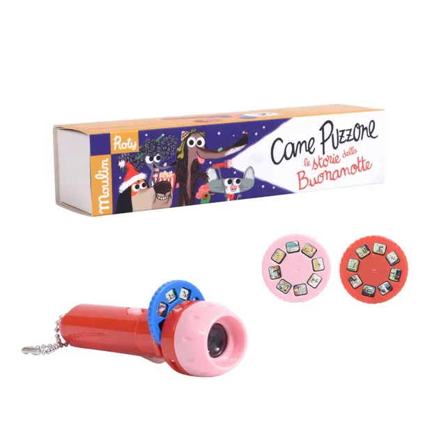 Moulin Roty Cane Puzzone lampada proietta storie 3 dischi