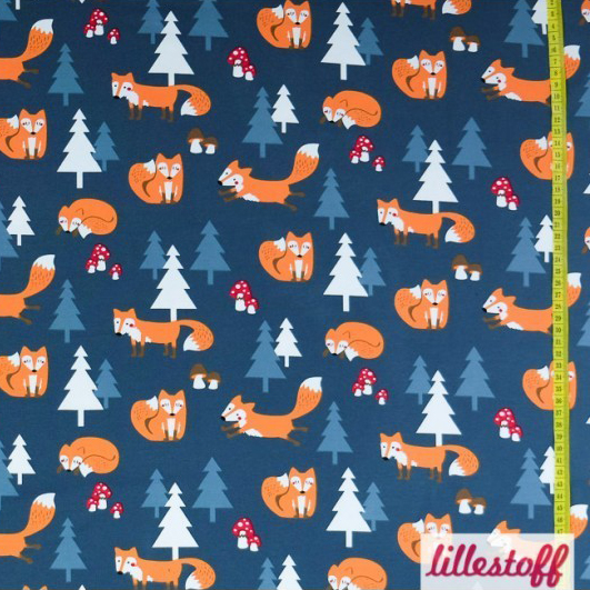 Lillestoff Jumpy Foxes tessuto jersey volpi blu 150 cm
