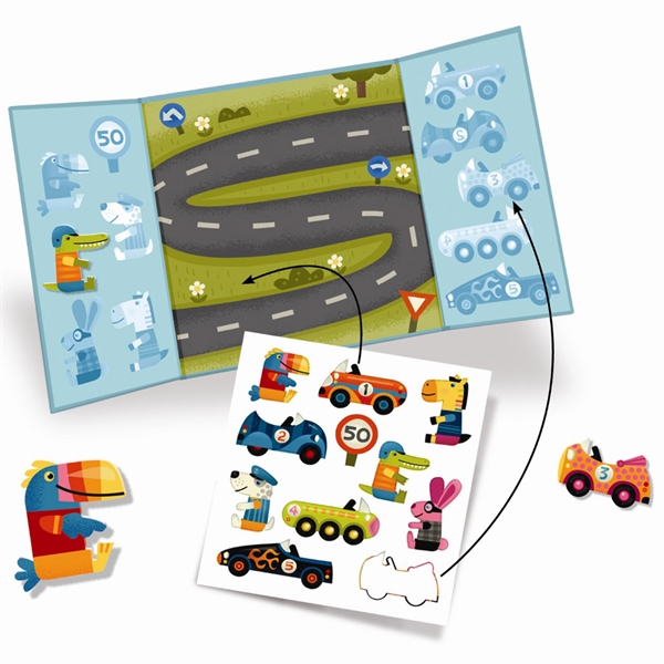 Djeco Corsa Set Viaggio Sticker Riposizionabili 14 Pezzi