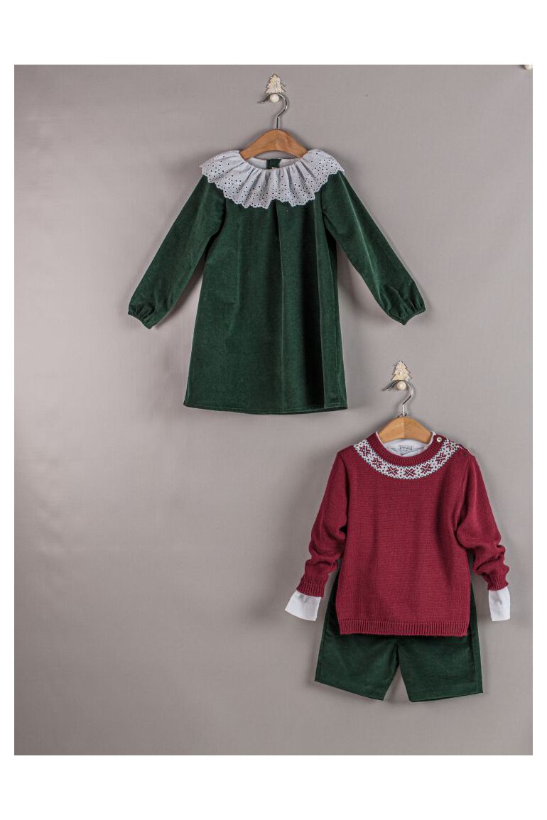 Mebi vestito bambina velluto verde colletto bianco