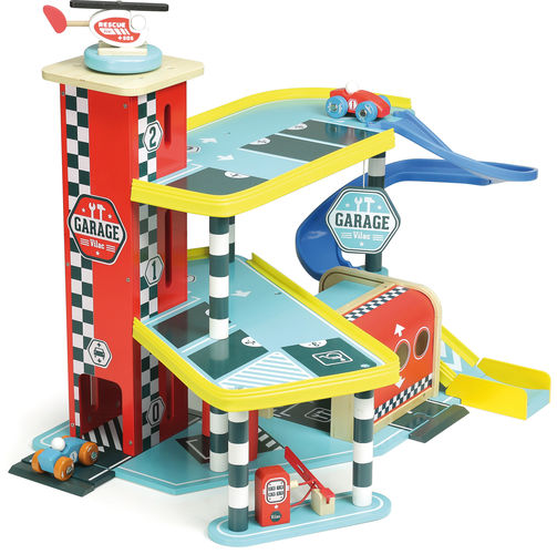 Vilac Vilacity Grand Garage in legno blu con veicoli 65 cm