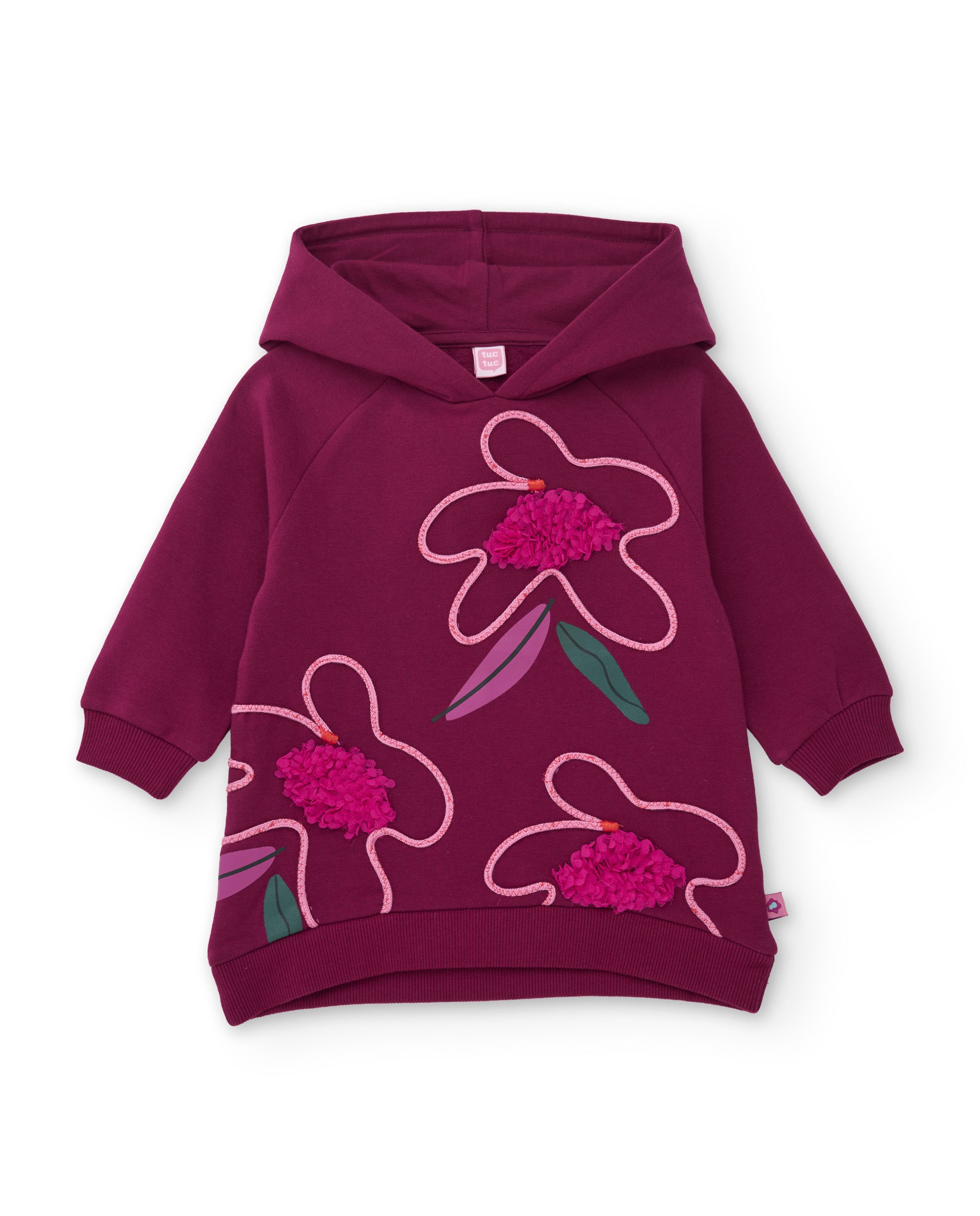 Tuc Tuc vestito felpa cappuccio fiori bordeaux