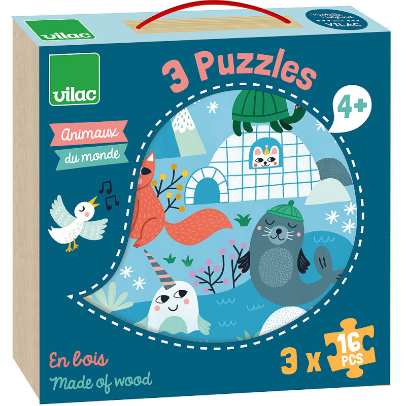 Vilac Animali del mondo puzzle legno 16 pezzi 3 set