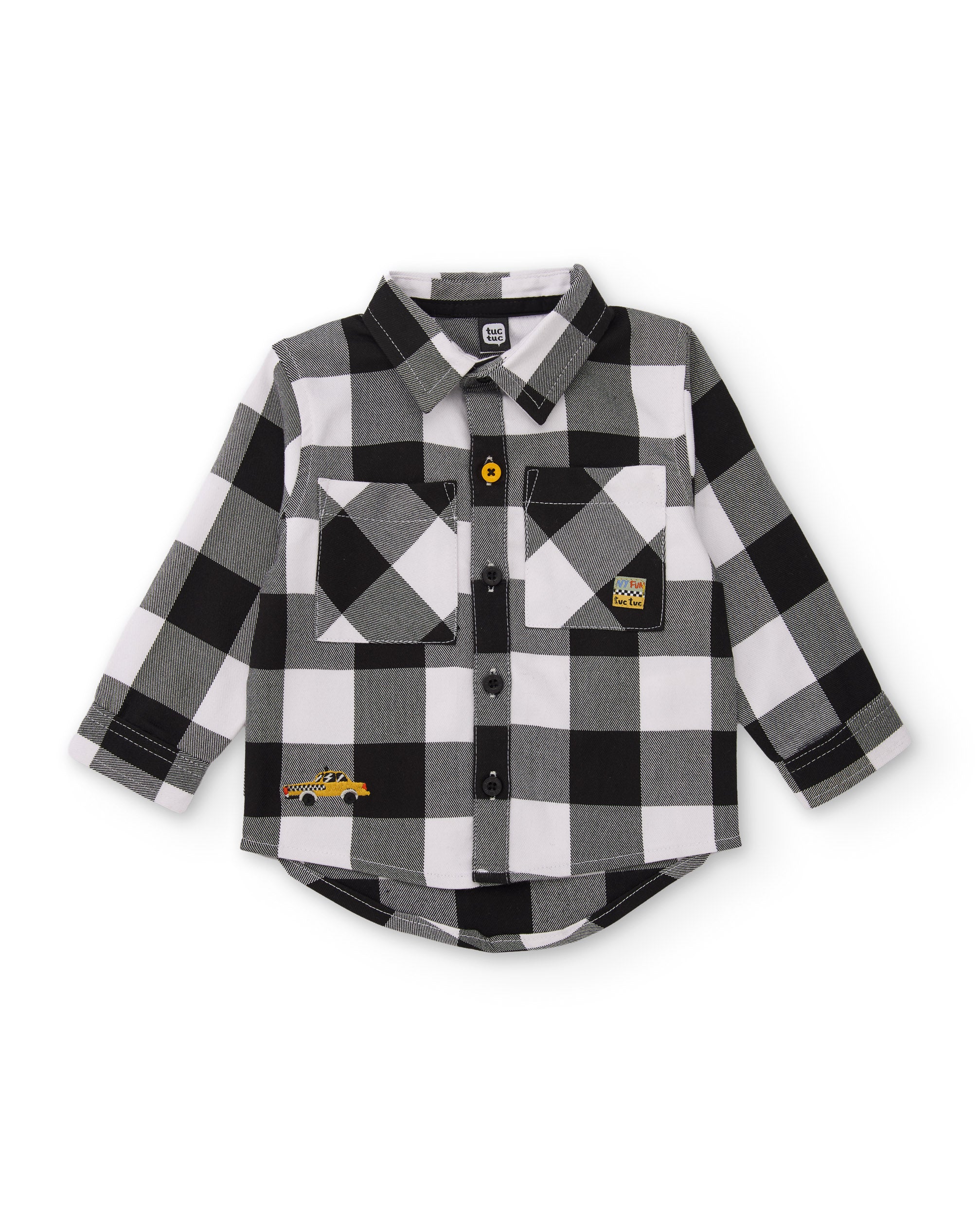 Tuc tuc camicia bambino quadri nera ricamo auto