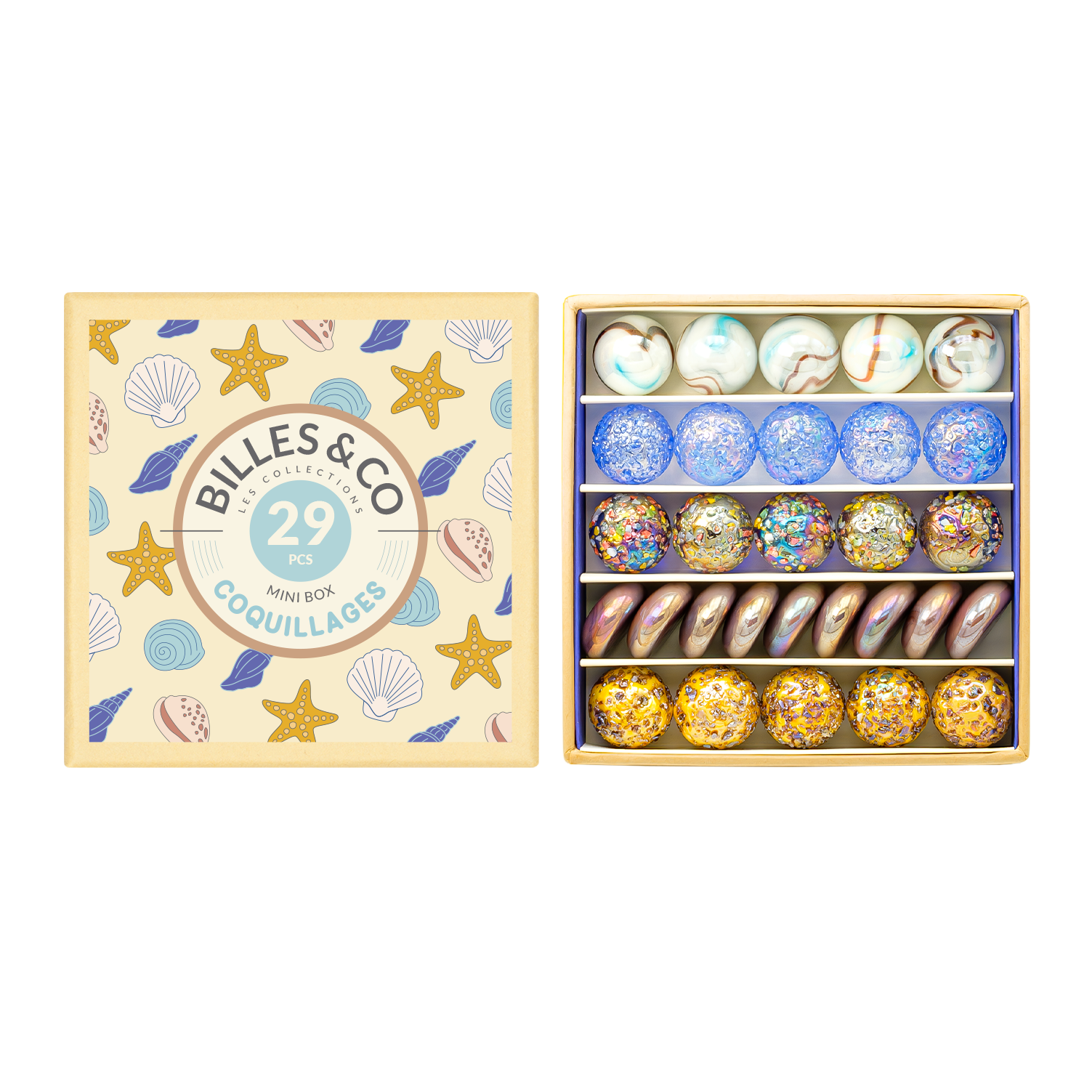 Billes & Co Coquillages biglie vetro scatola 29 pezzi