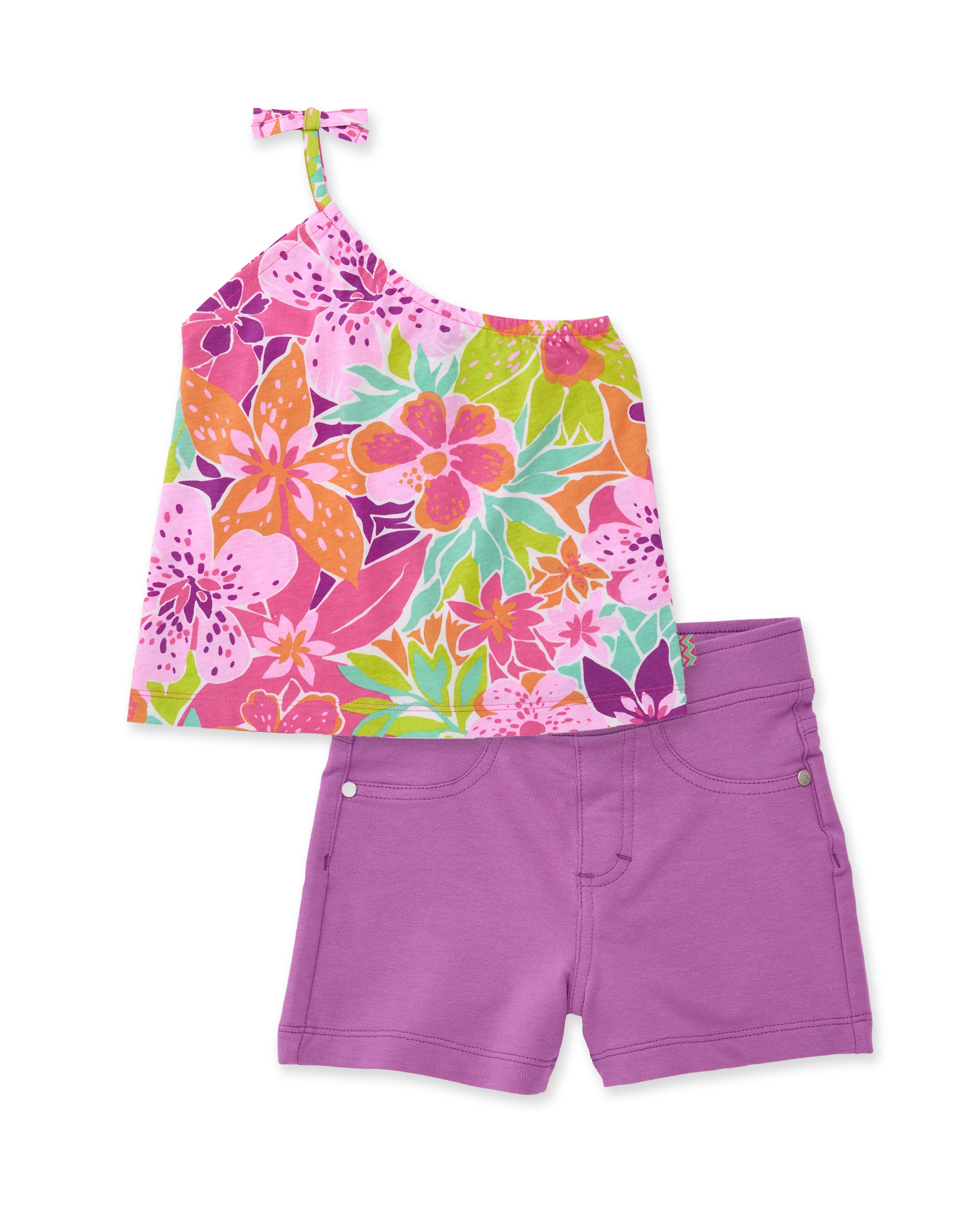 Tuc Tuc completo top monospalla rosa con shorts lilla