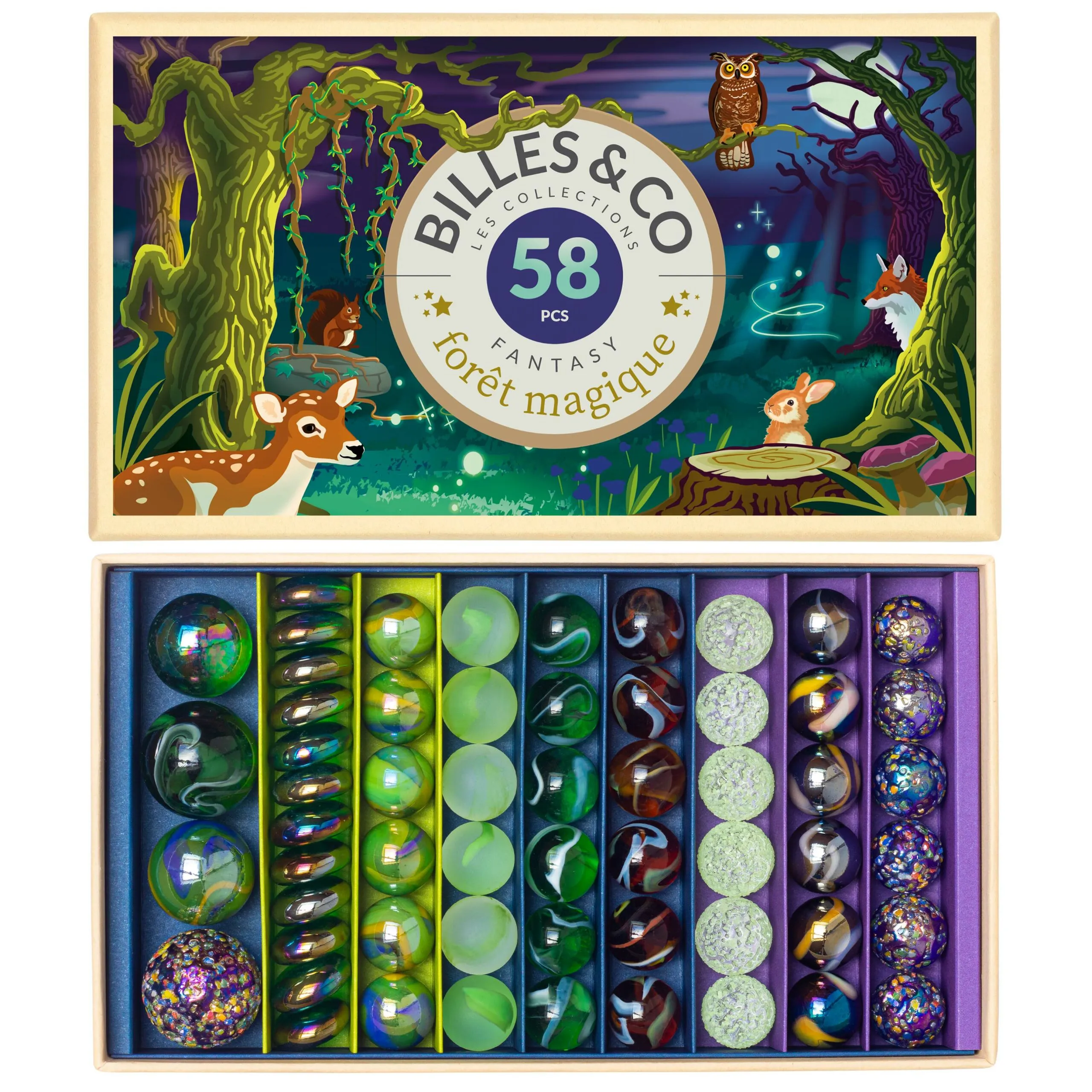 Billes & Co Magic Forest scatola 58 biglie vetro luminescenti