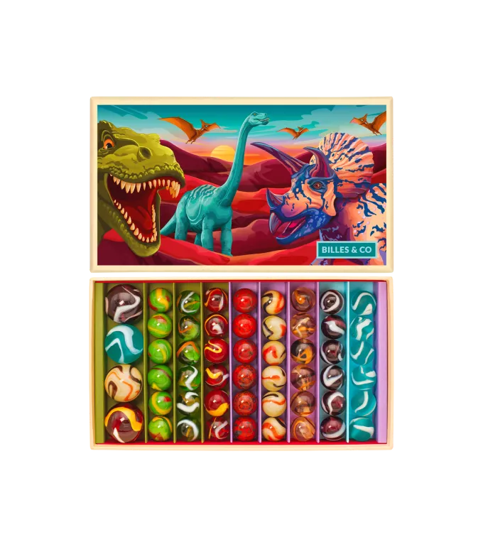 Billes and Co Dinosaures Scatola Biglie Vetro 52 Pezzi