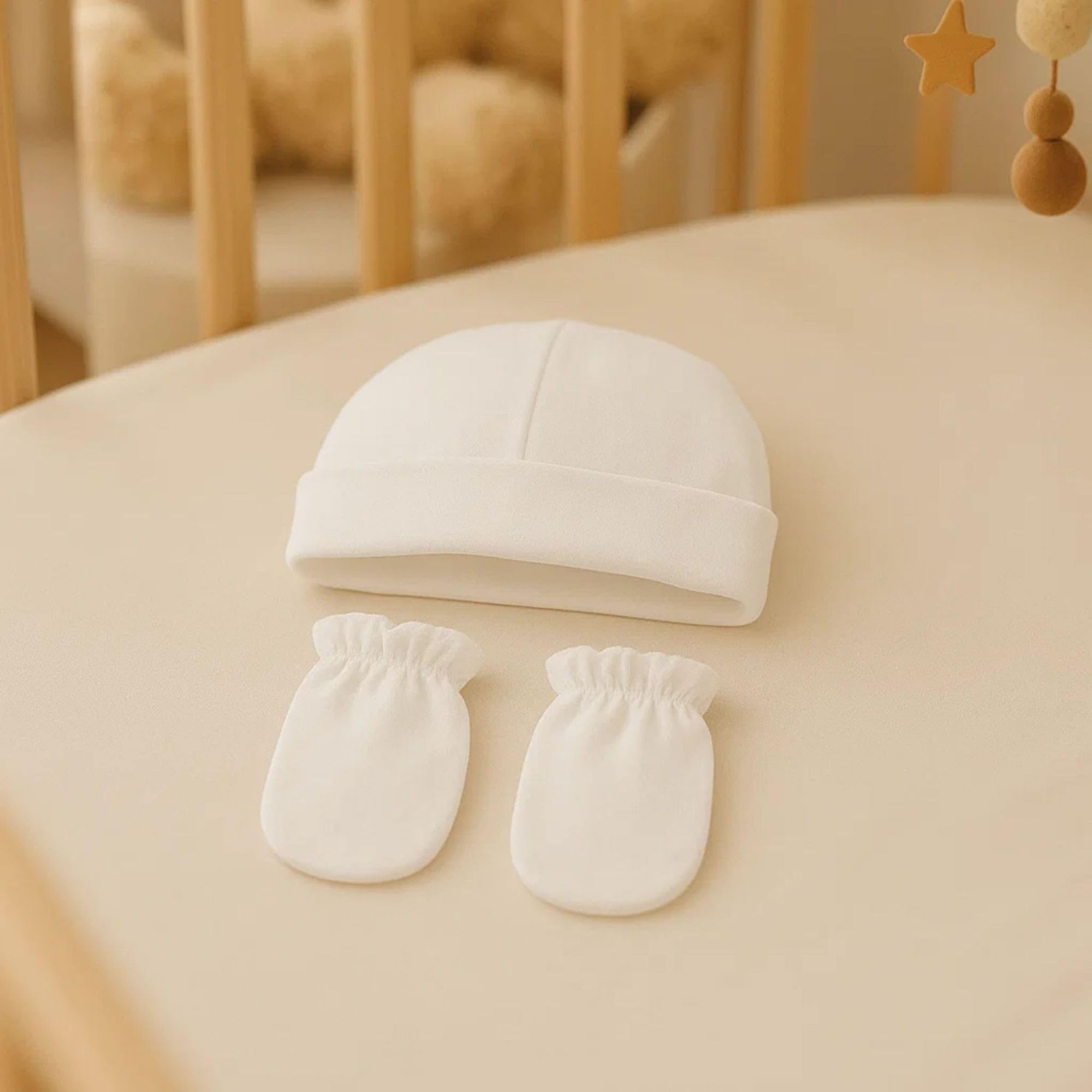 Babidu set cappello e guanti neonato beige cotone