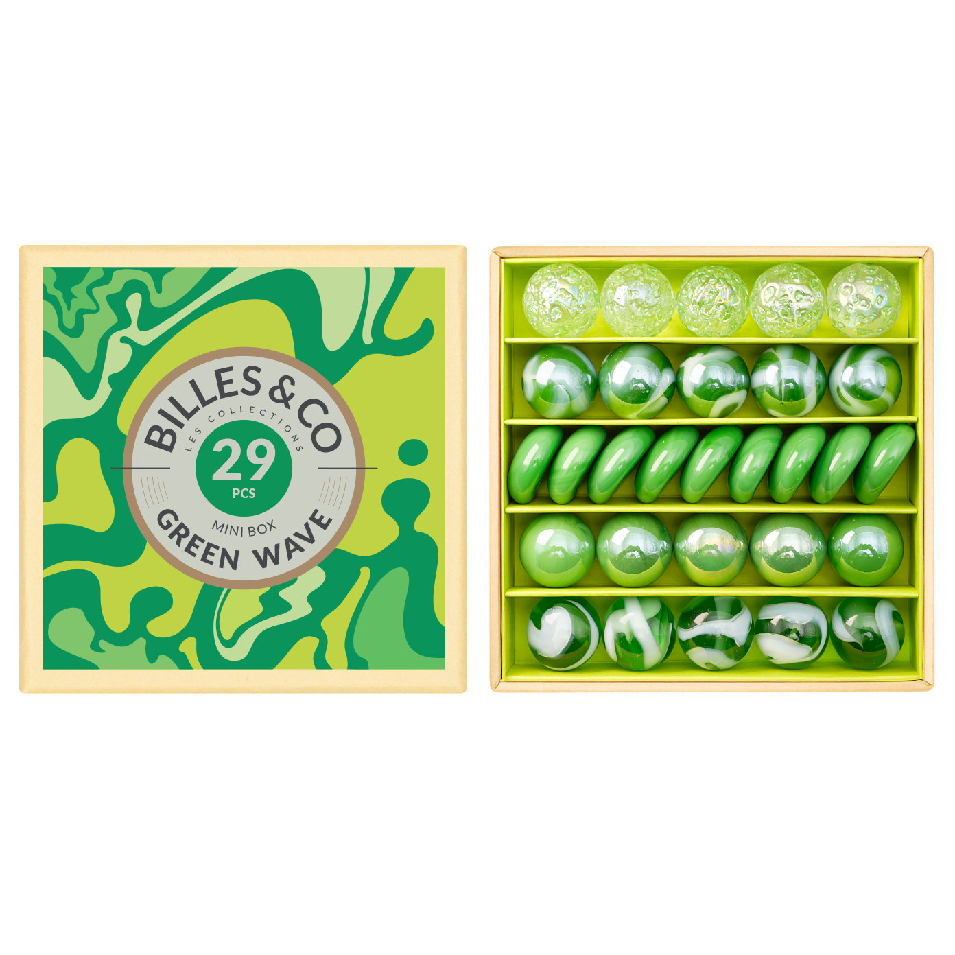 Billes & Co Green Wave scatola mini biglie 29 pezzi vetro