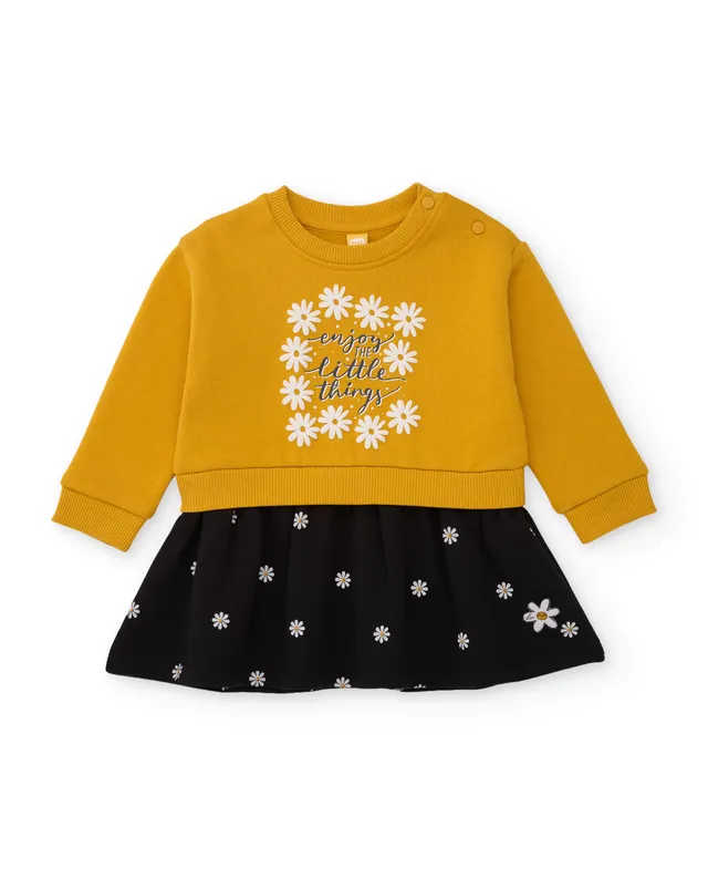 Tuc tuc vestito felpa bambina senape ricamo margherite