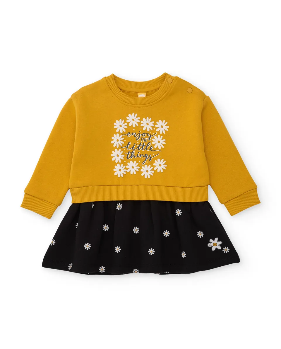 Tuc tuc vestito felpa bambina senape ricamo margherite