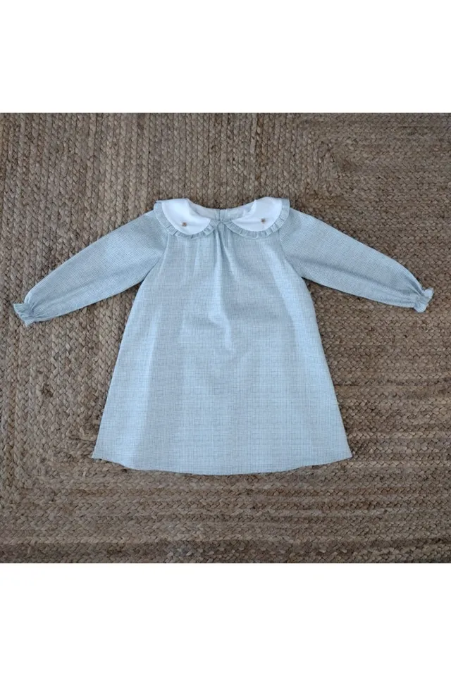 Mebi abito bambina vichy verde menta collo ricamato cotone