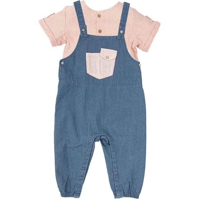 Babidu set t-shirt righe rosa e salopette jeans 24 mesi cotone