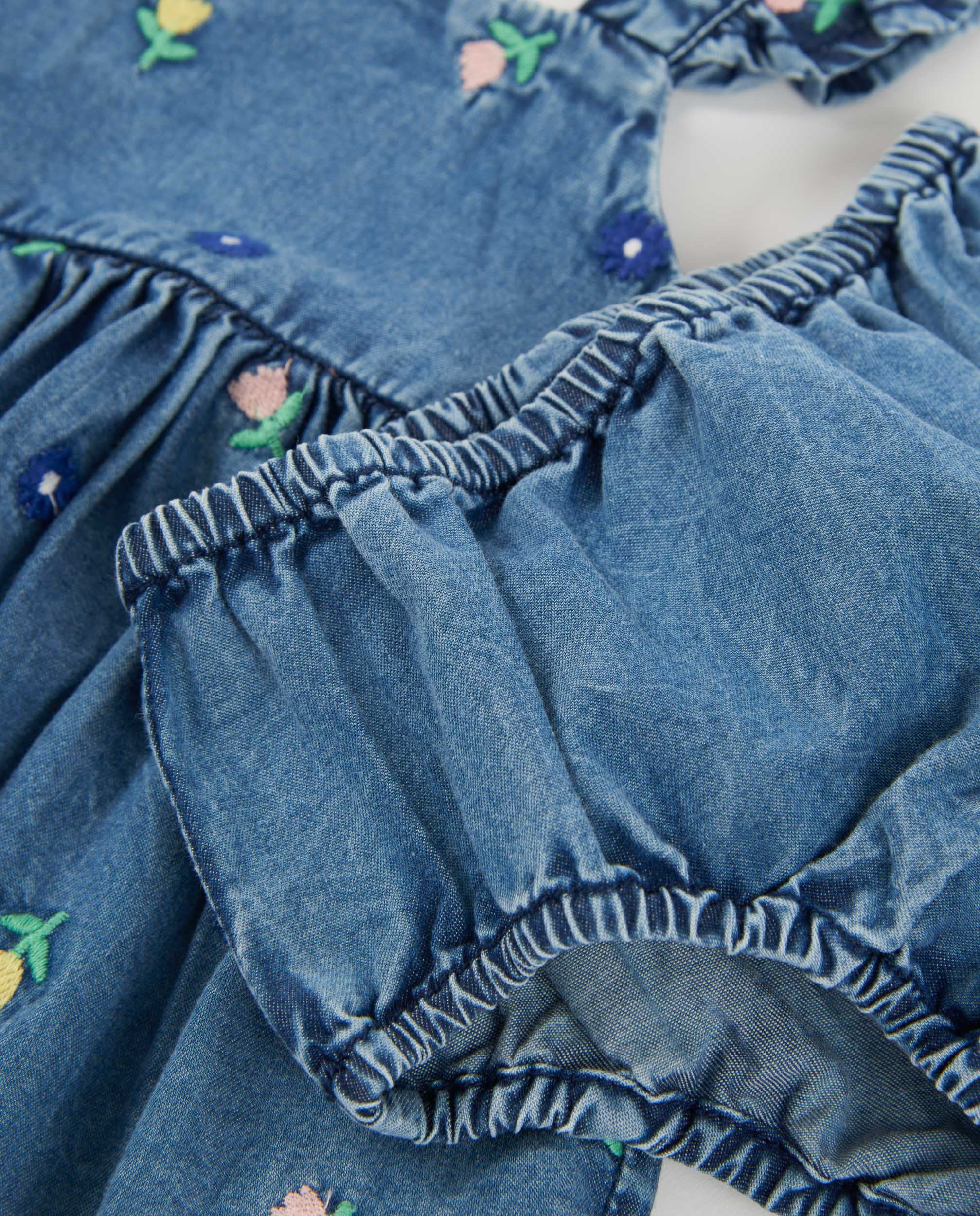 Tuc Tuc vestito jeans neonata con culotte fiori ricamati