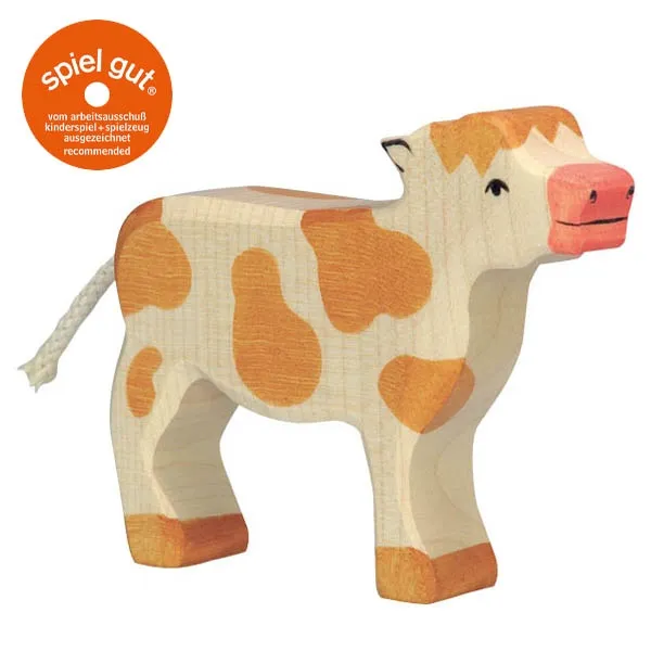 Holztiger Vitello marrone in piedi figura in legno massello