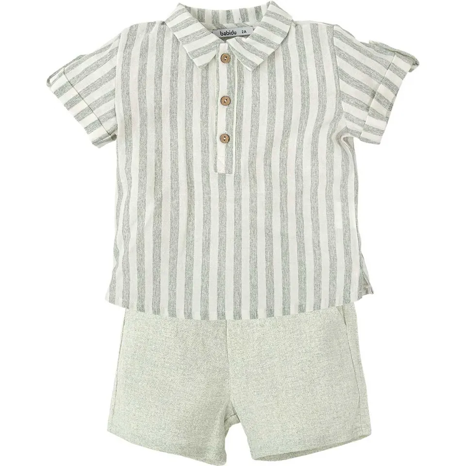 Babidu completo bambino camicia righe e shorts verdi 8 anni