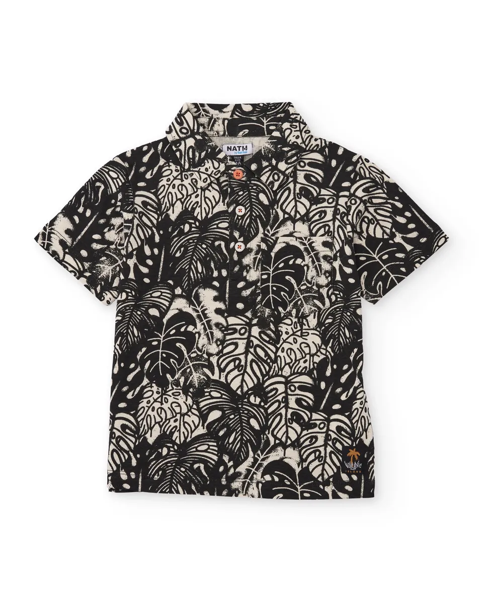 Tuc Tuc polo bimbo nero in maglia stampa foglie