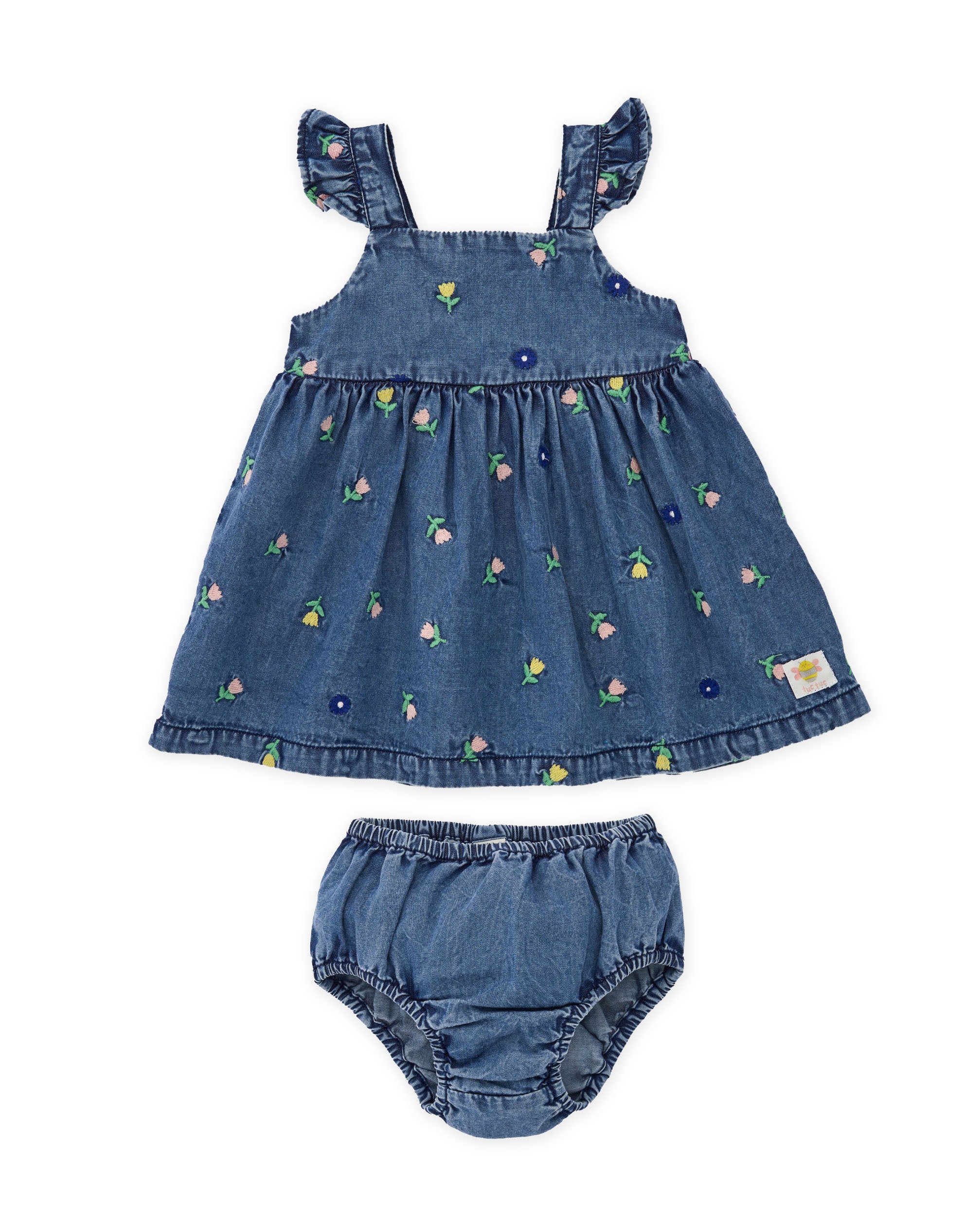 Tuc Tuc vestito jeans neonata con culotte fiori ricamati