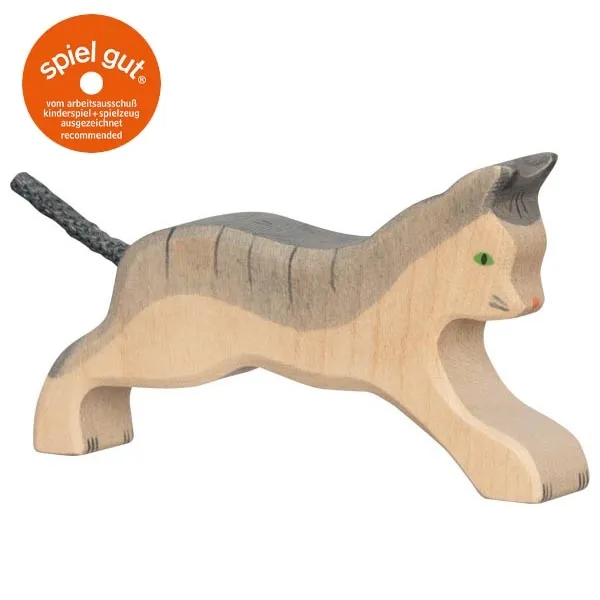 Holztiger Gatto che Corre Figura in Legno Dipinta a Mano