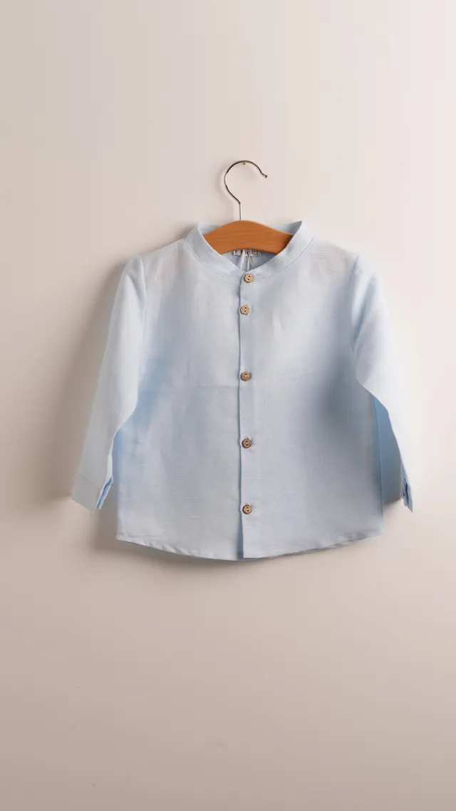 Mebi camicia bambino azzurra manica lunga cotone lino