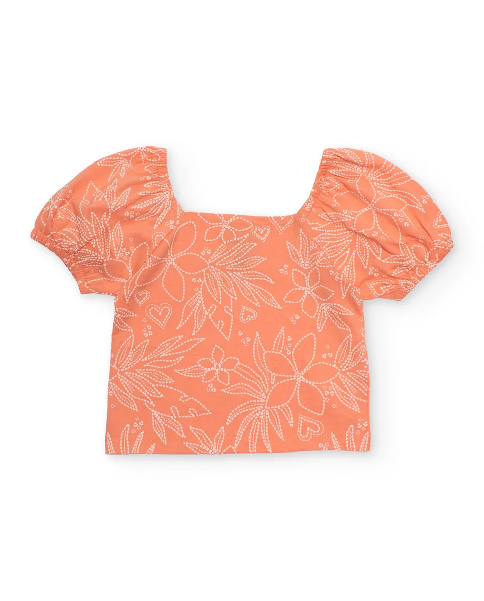 Tuc tuc maglietta bambina arancione fiori scollo quadrato