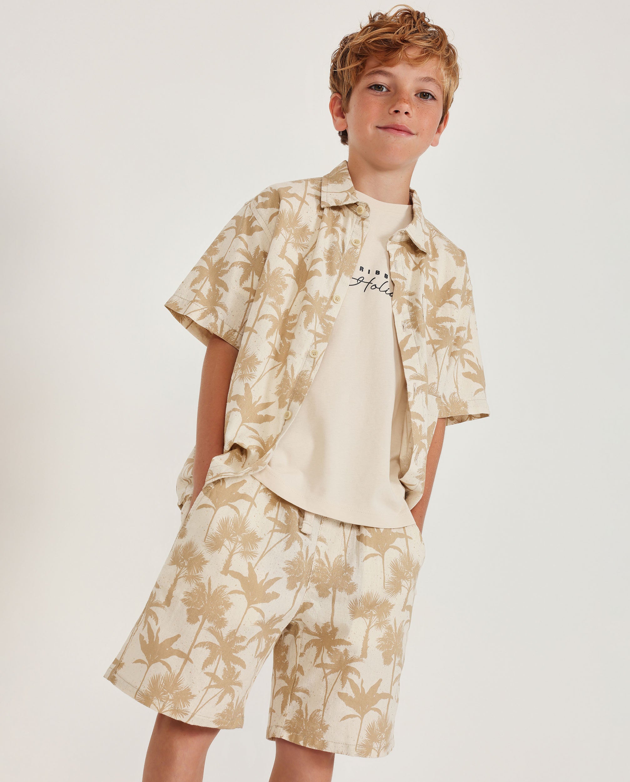 Tuc Tuc camicia bambino beige palme manica corta estiva