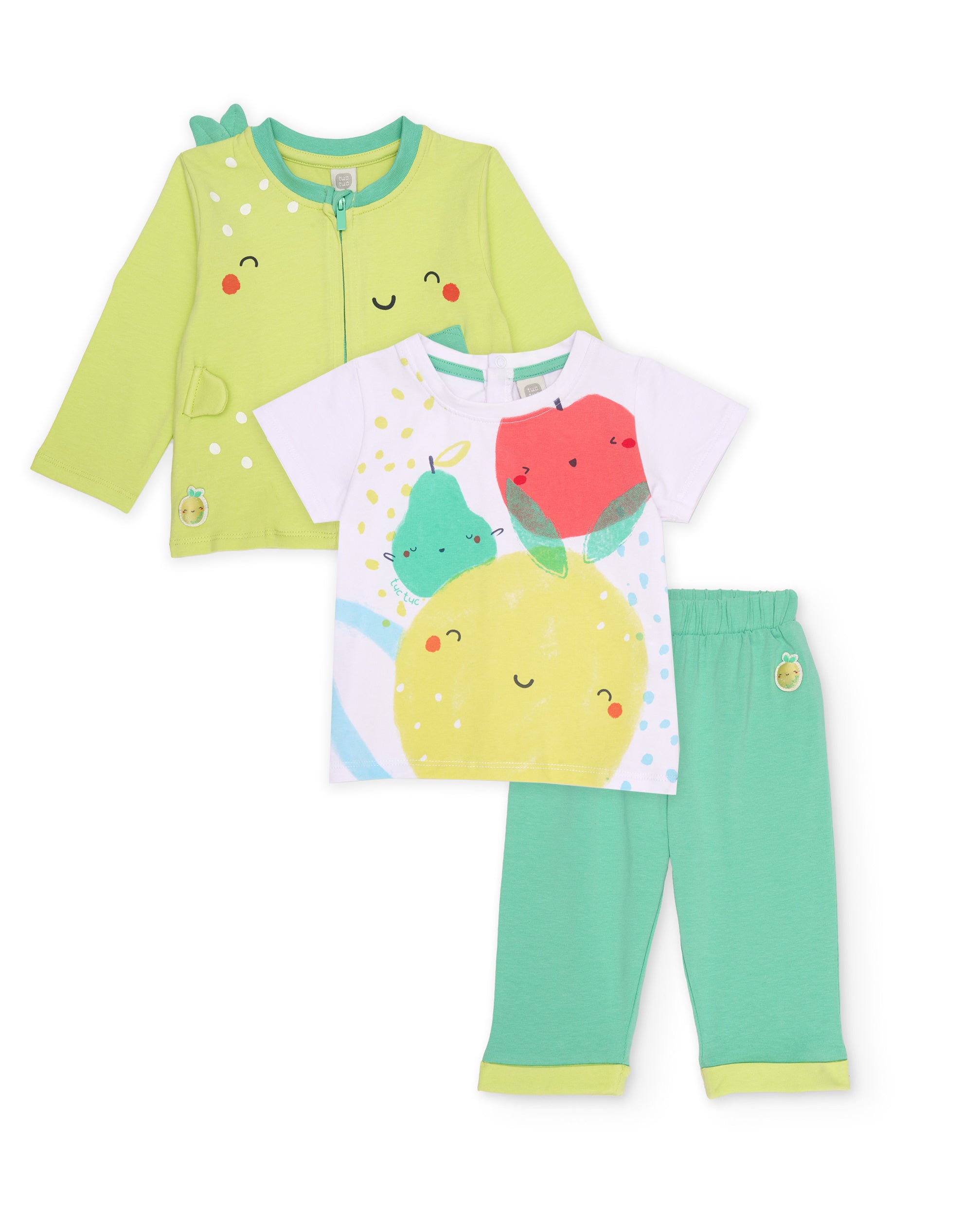Tuc Tuc completo neonato verde 3 pezzi frutta