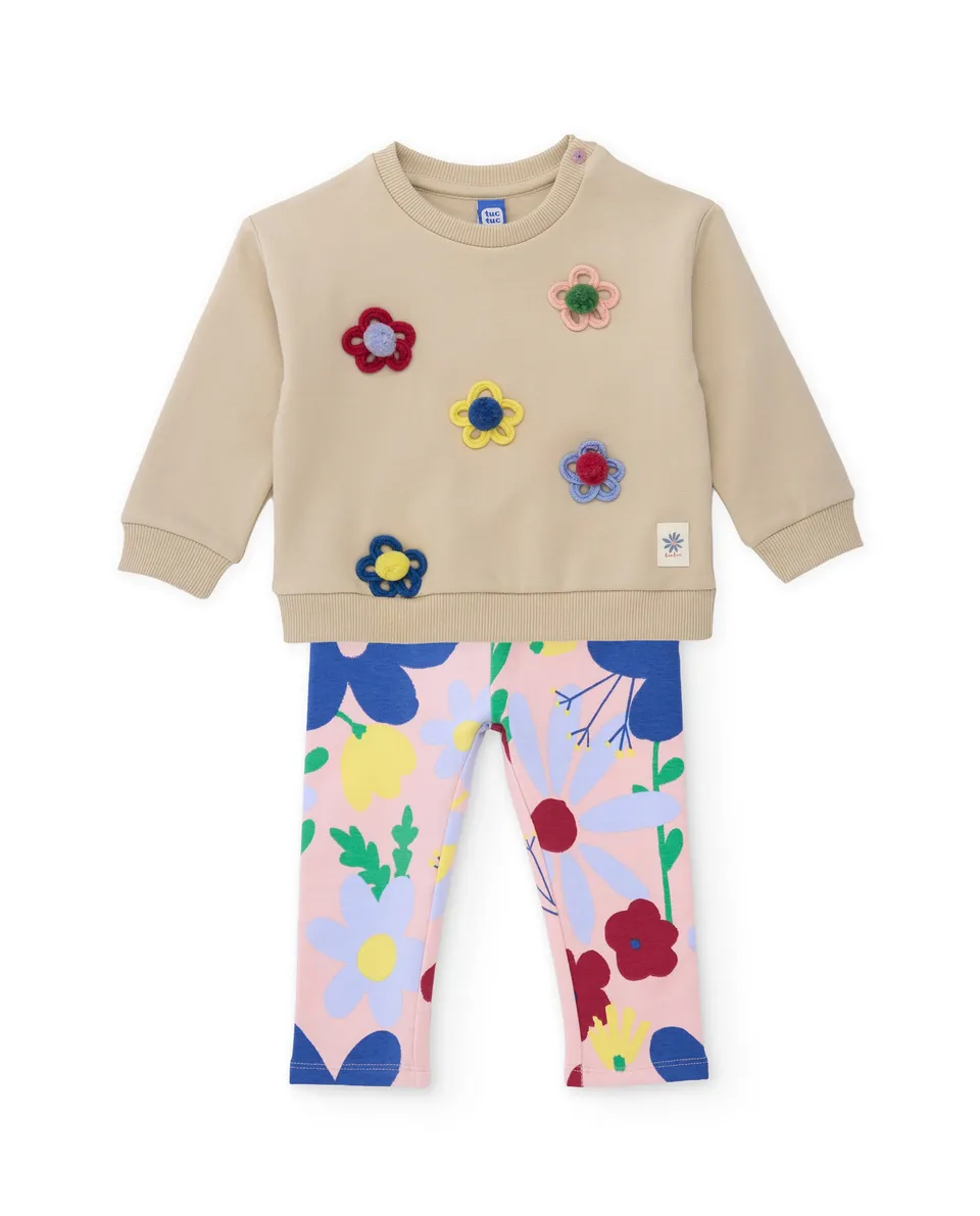 Tuc Tuc tuta bambina beige felpa fiori leggings